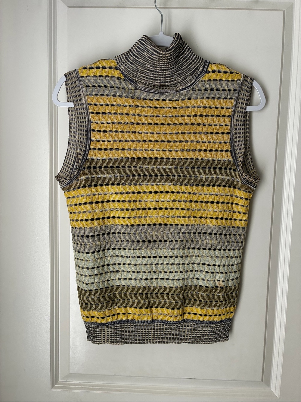 Missoni Sleeveless Turtleneck Knit Sweater Top in Yellow and Gray Sz M